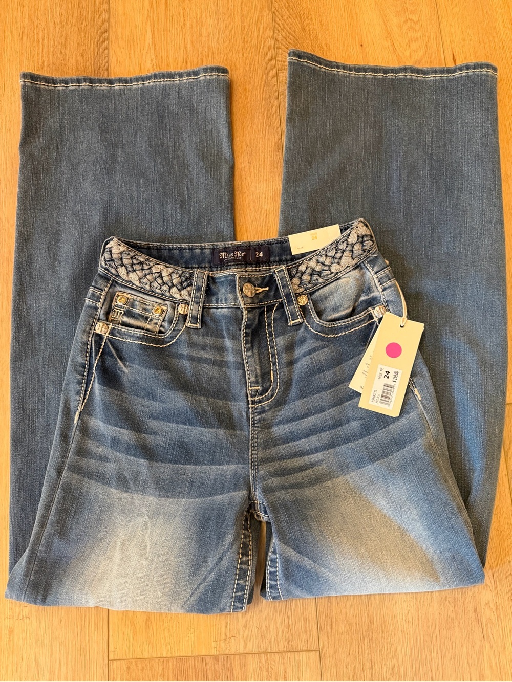 Miss Me Braided-Waist Light Blue Bootcut Jeans